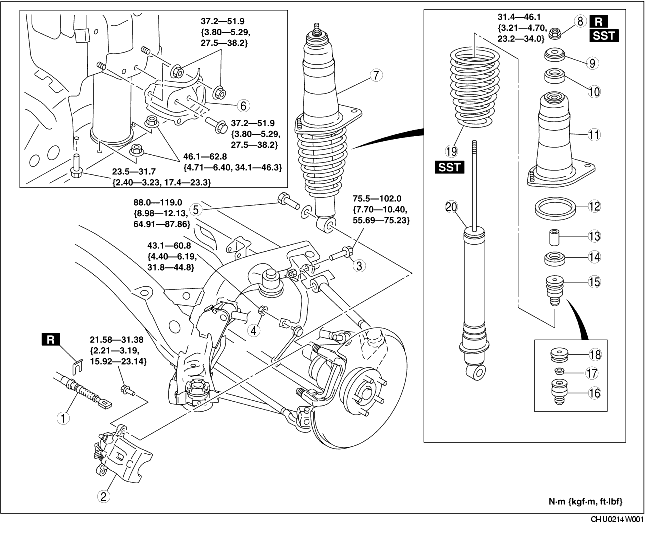 REAR SHOCK ABSORBER AND COIL SPRING REMOVAL/INSTALLATION